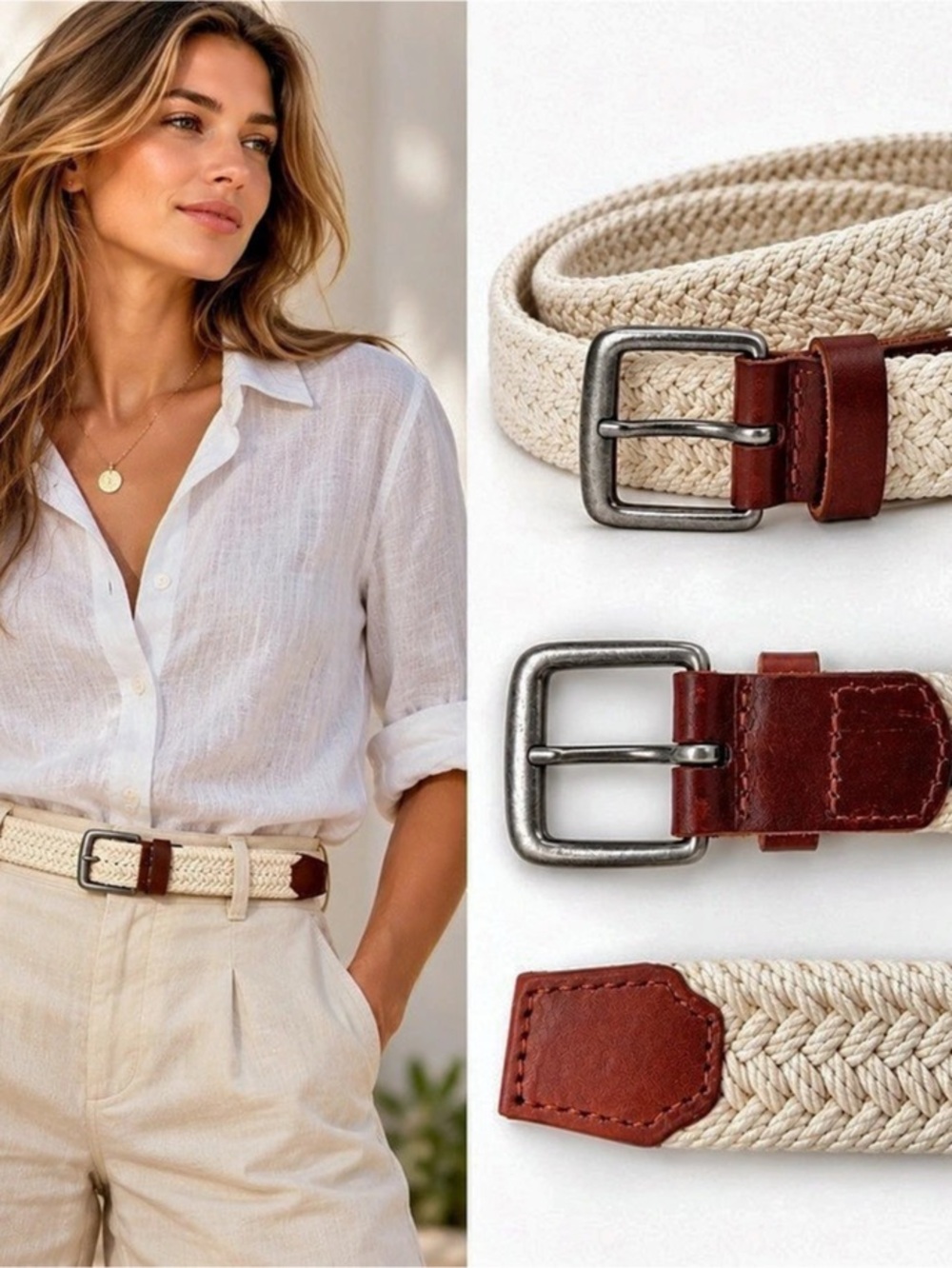 J.Crew Cream Braided Nautical Woven Belt Brown Leather Trim Preppy Coastal 44”